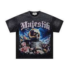 Black Washed Vintage Astronaut Floral Double‑Sided Graphic Band‑Style T‑Shirt