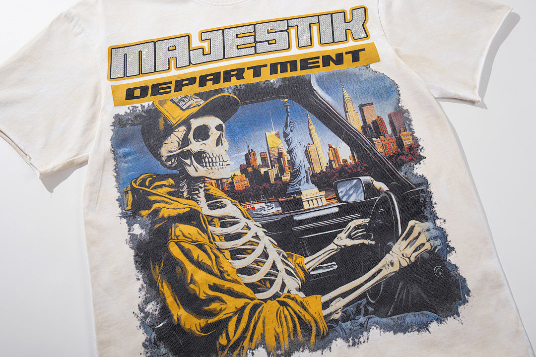Off‑White Washed Vintage Skeleton City Tour Graphic Band‑Style T‑Shirt