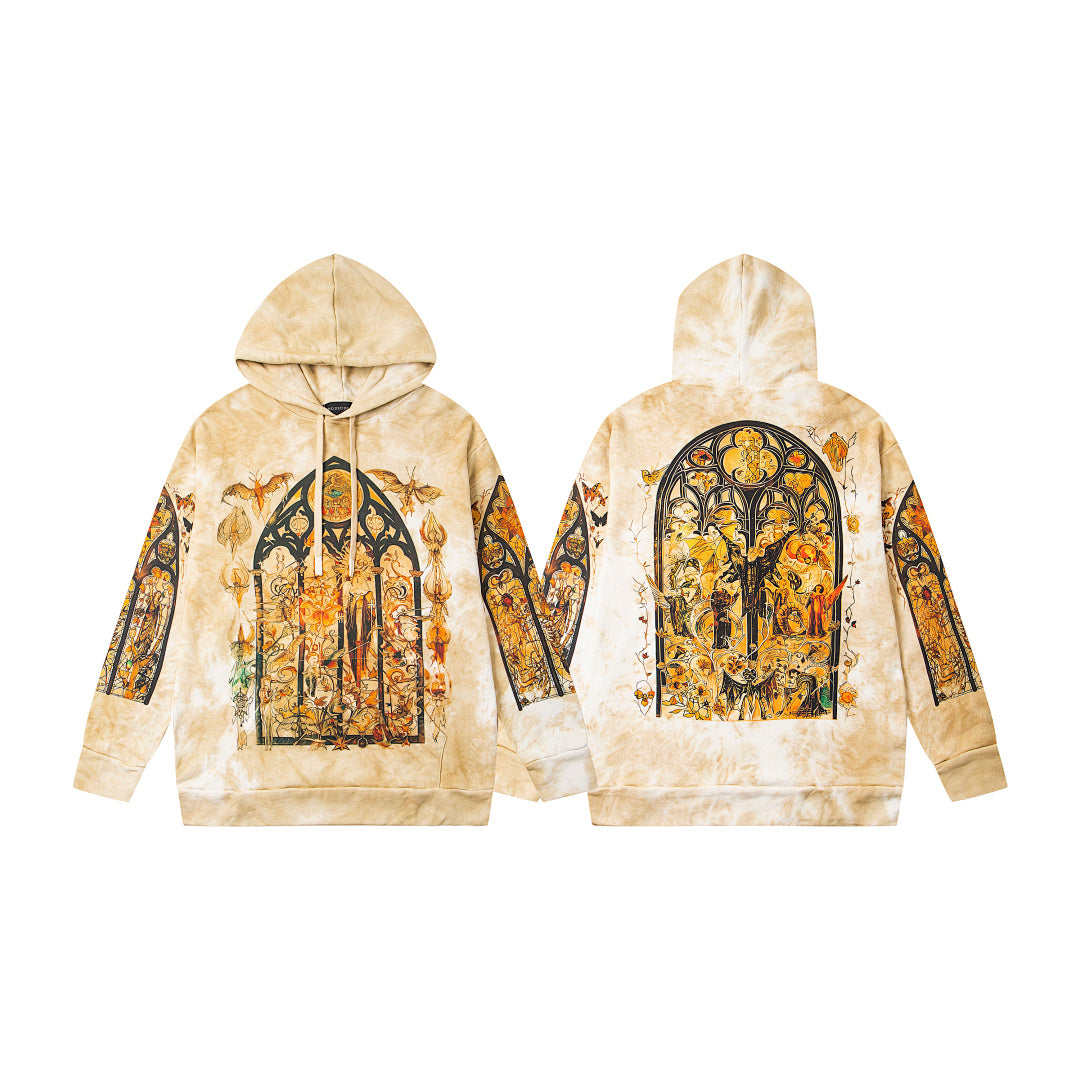 Vintage Cream Tie‑Dye Church Stained‑Glass Full‑Zip Hoodie