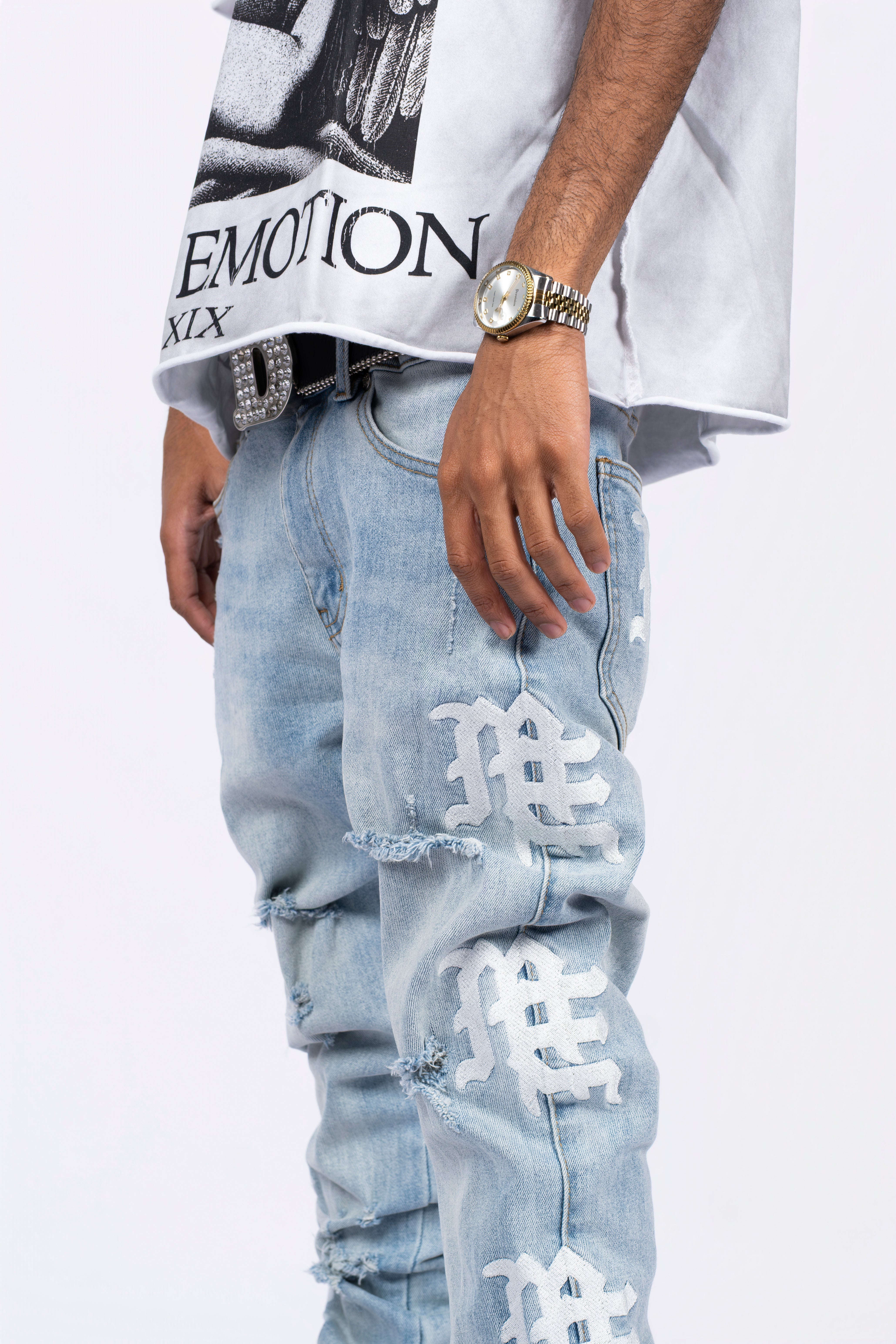 Vintage Distressed Graphic Print Straight‑Leg Denim Jeans Men Streetwear Light Wash Denim Pants