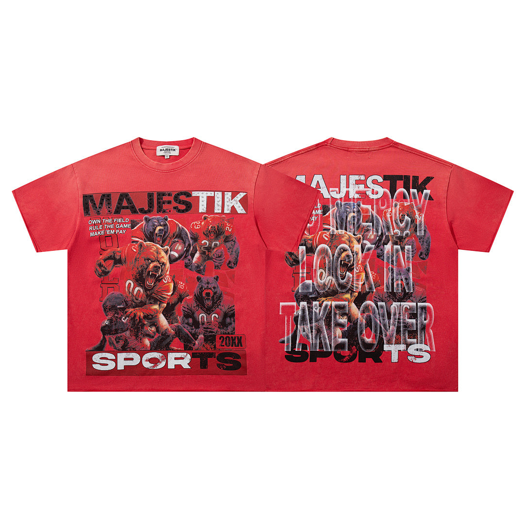 Red Washed Vintage Sports Beast Double‑Sided Graphic Band‑Style T‑Shirt
