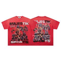 Red Washed Vintage Sports Beast Double‑Sided Graphic Band‑Style T‑Shirt