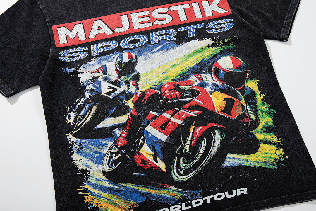 Black Washed Vintage Motorcycle Racing Graphic Band‑Style T‑Shirt