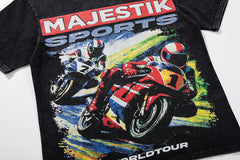 Black Washed Vintage Motorcycle Racing Graphic Band‑Style T‑Shirt
