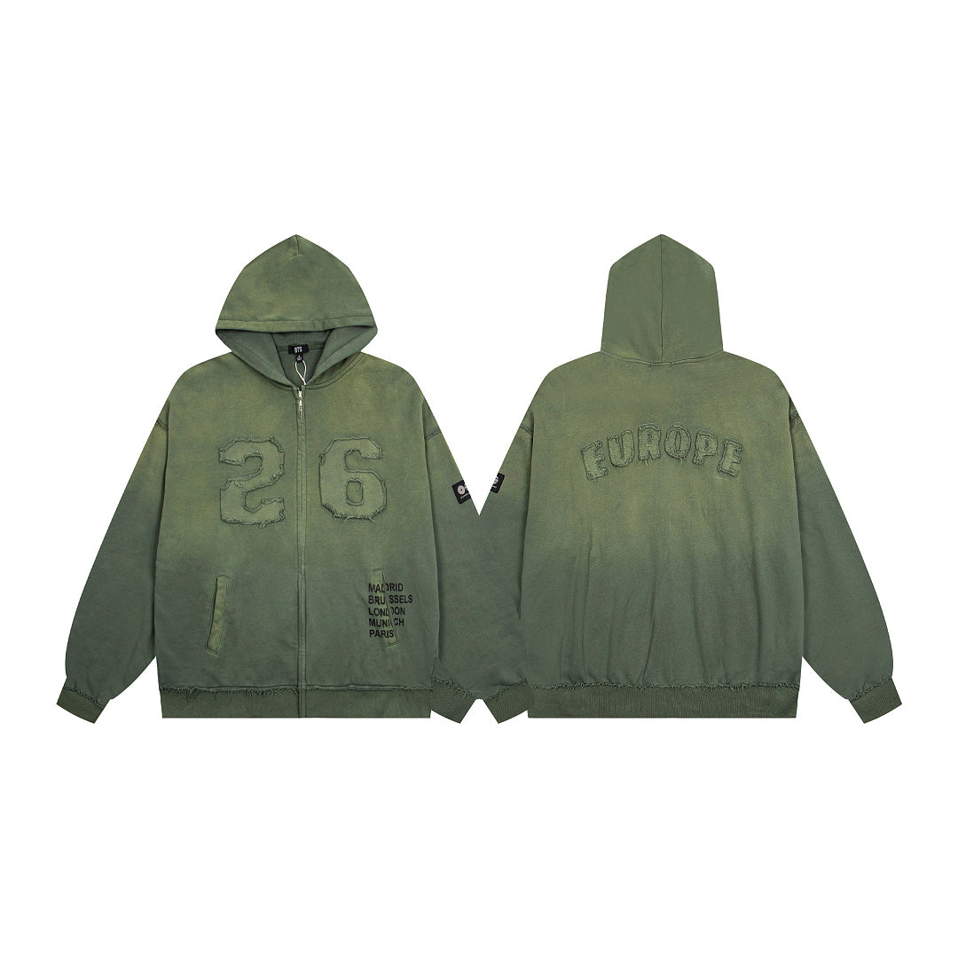 Vintage Olive Green Number 26 Embroidery Full‑Zip Hoodie