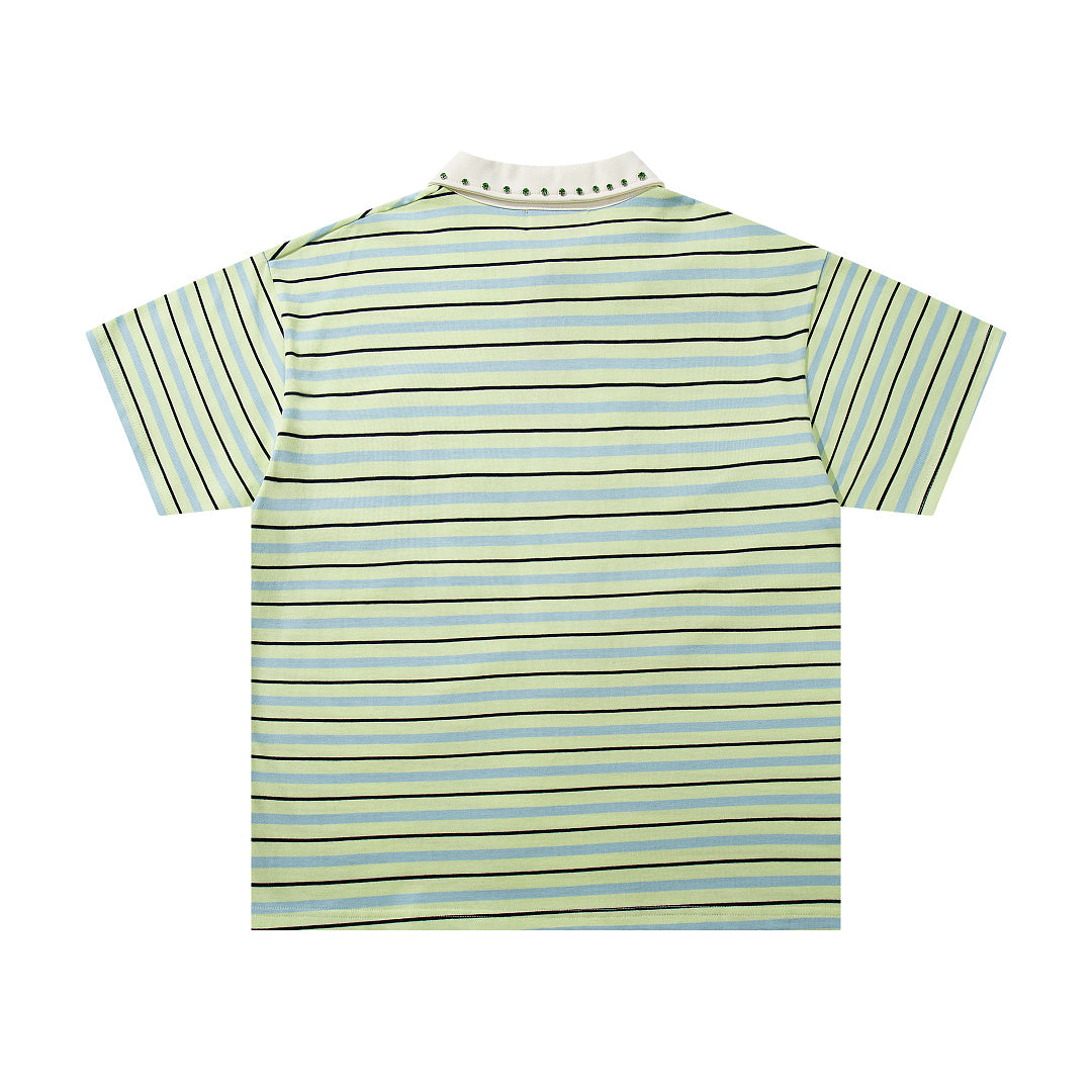 Vintage Green Stripe XX Studded Half‑Zip Polo Shirt