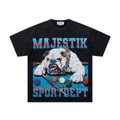 Black Washed Vintage Bulldog Graphic Band‑Style T‑Shirt