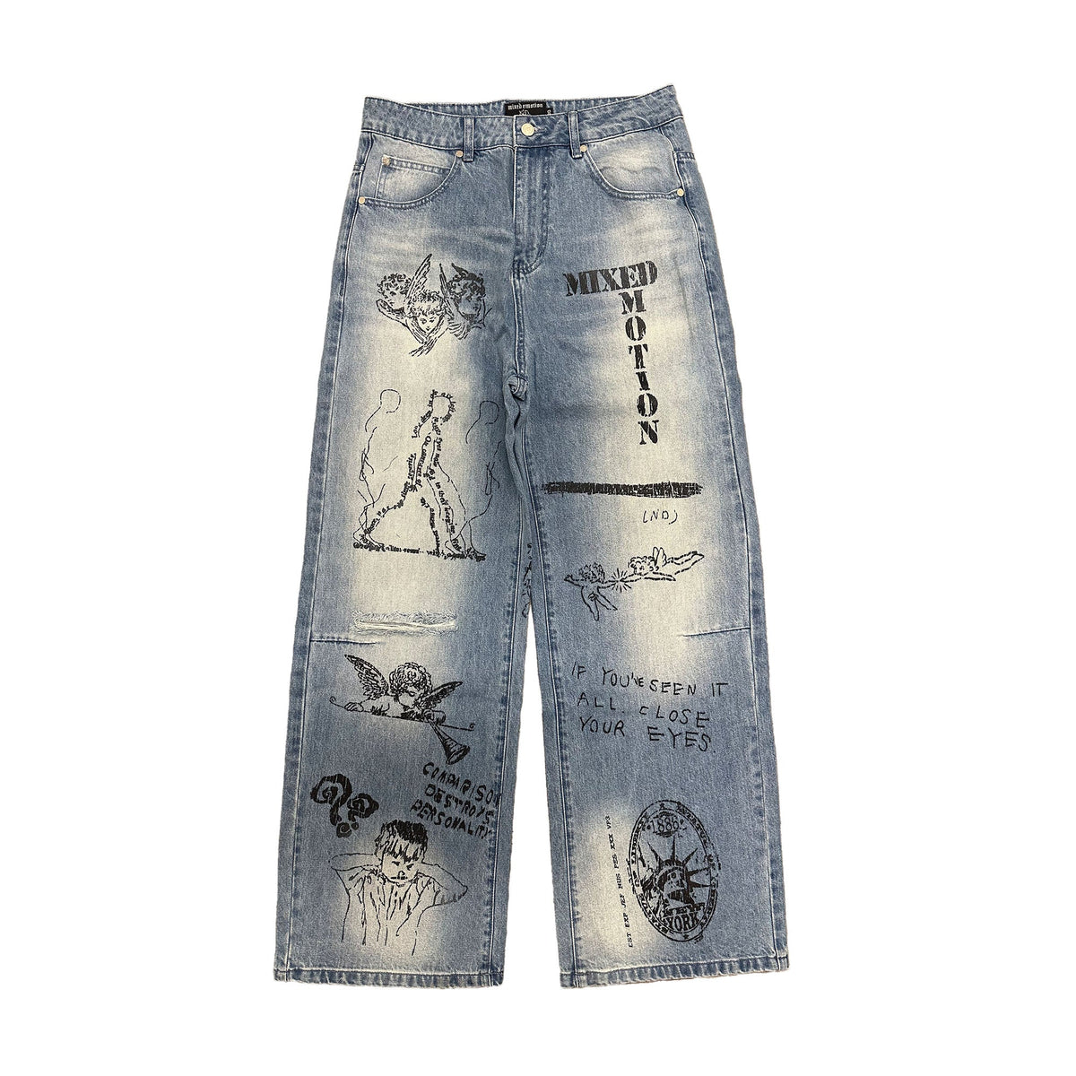 Graphic Printed Baggy Wide Leg Jeans Vintage Washed Street‑wear Denim Pants