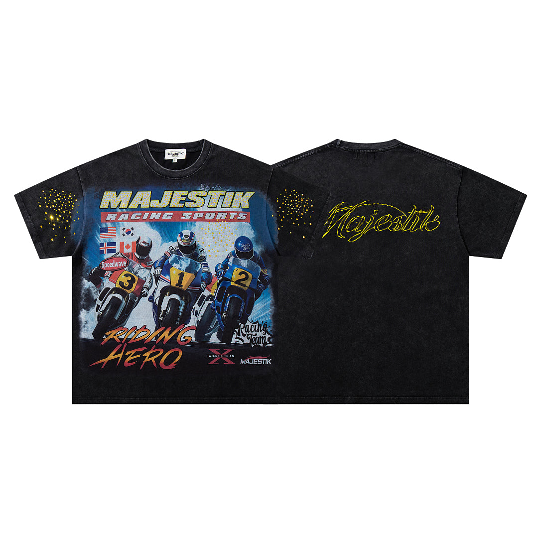 Majestik Hero Motorcycle Rider Vintage Graphic T‑Shirt