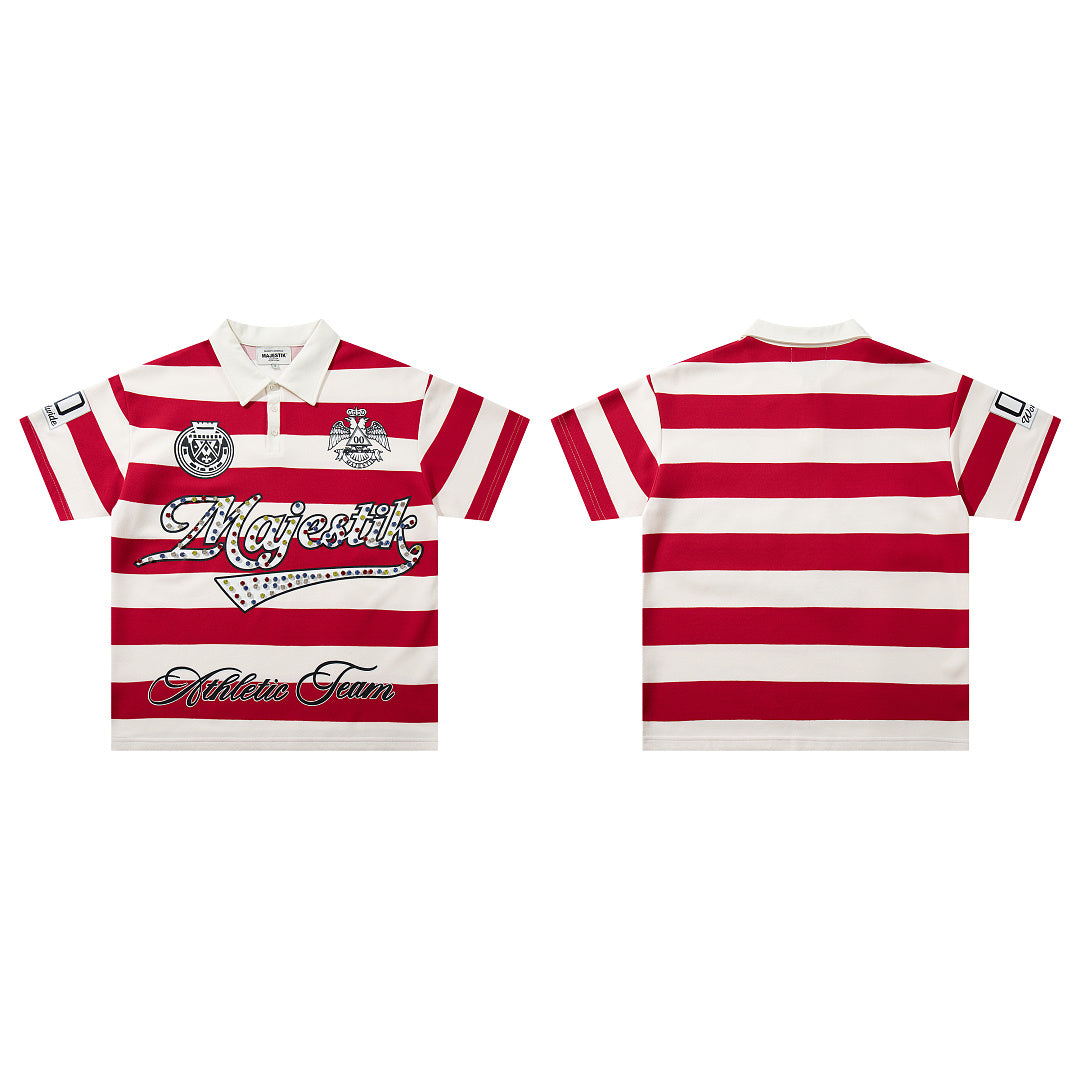 Vintage Red‑White Stripe MAJESTIC Rugby Polo Shirt