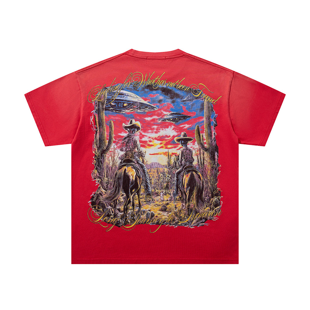 Red Washed Vintage Western Cowboy Double‑Sided Graphic Band‑Style T‑Shirt