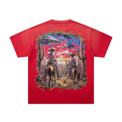 Red Washed Vintage Western Cowboy Double‑Sided Graphic Band‑Style T‑Shirt