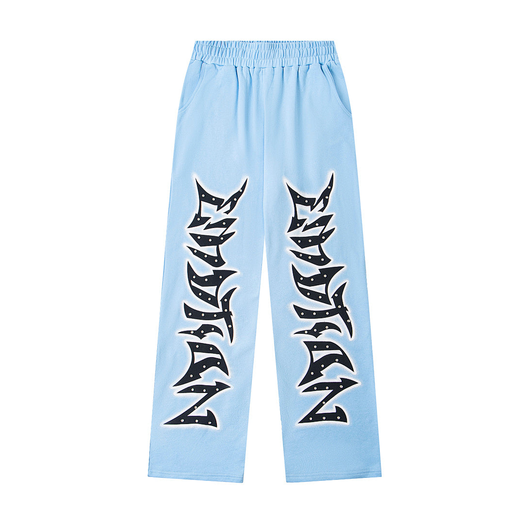 Light Blue Gothic Letter Wide‑Leg Sweat Pants Streetwear Trousers