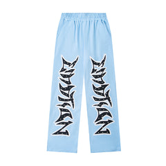 Light Blue Gothic Letter Wide‑Leg Sweat Pants Streetwear Trousers