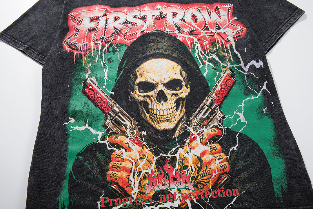 Vintage Black FIRST ROW Grim Reaper Skull Double‑Sided Graphic T‑Shirt