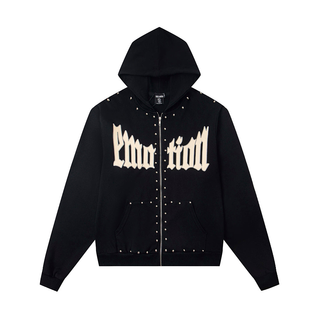 Retro Rivet Detail Full Zip Hooded Jacket Oversized Hip‑Hop Street Outerwear