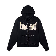 Retro Rivet Detail Full Zip Hooded Jacket Oversized Hip‑Hop Street Outerwear