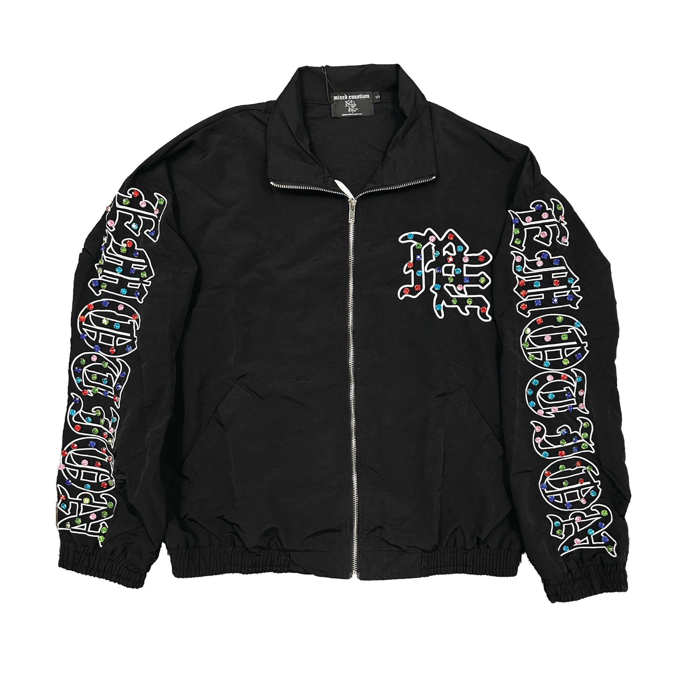 Black Colorful Graffiti Embroidered Zip‑Up Jacket Men Streetwear Stand Collar Outerwear