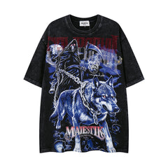 Vintage Black Wolf Beast Graphic Short‑Sleeve T‑Shirt