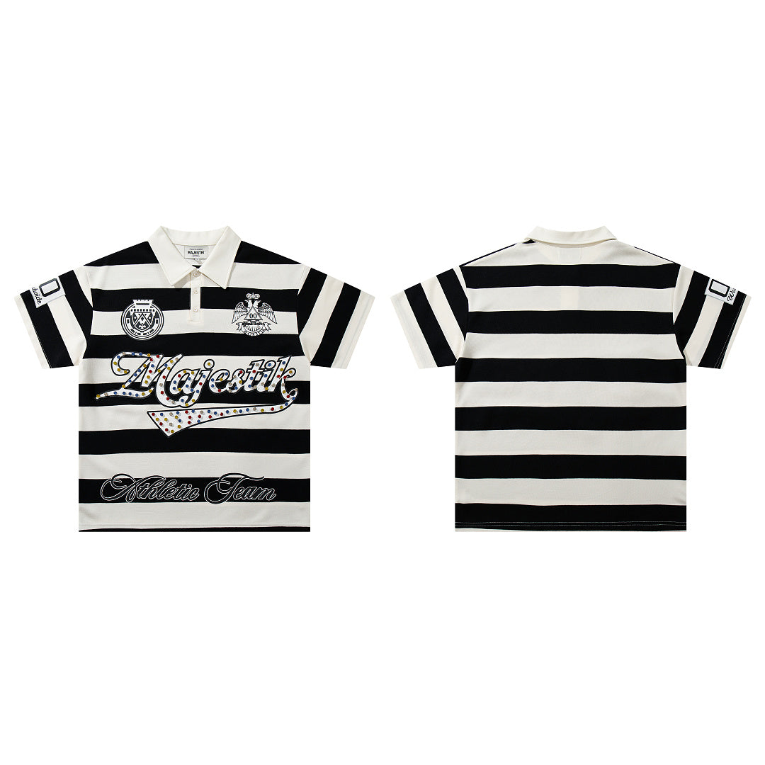 Vintage Black‑White Stripe MAJESTIC Rugby Polo Shirt