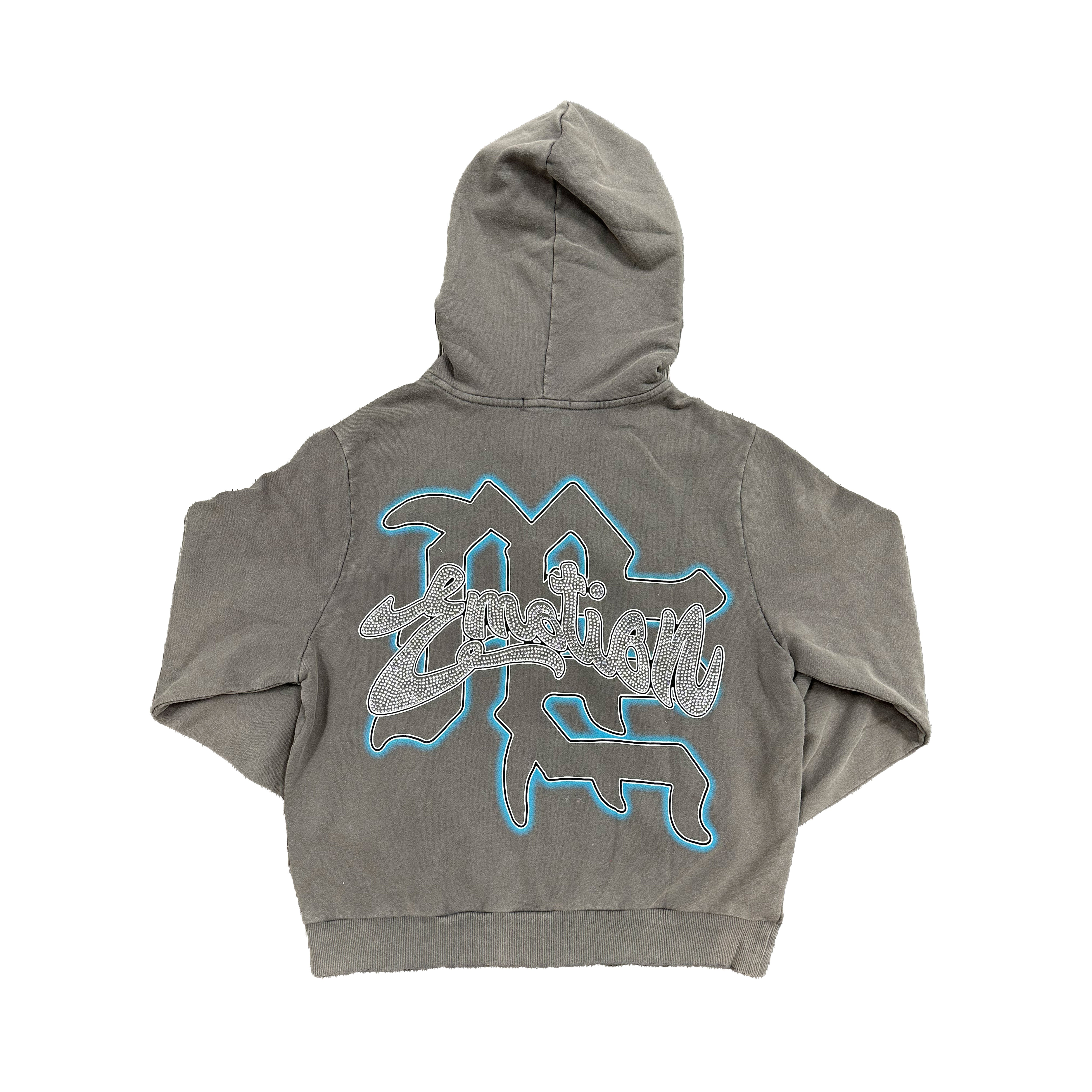 Washed Grey Vintage Art Graphic Full Zip Hoodie Men Streetwear Zip‑Up Sweatshirt