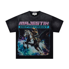 Black Washed Vintage Knight‑Horse Double‑Sided Graphic Band‑Style T‑Shirt