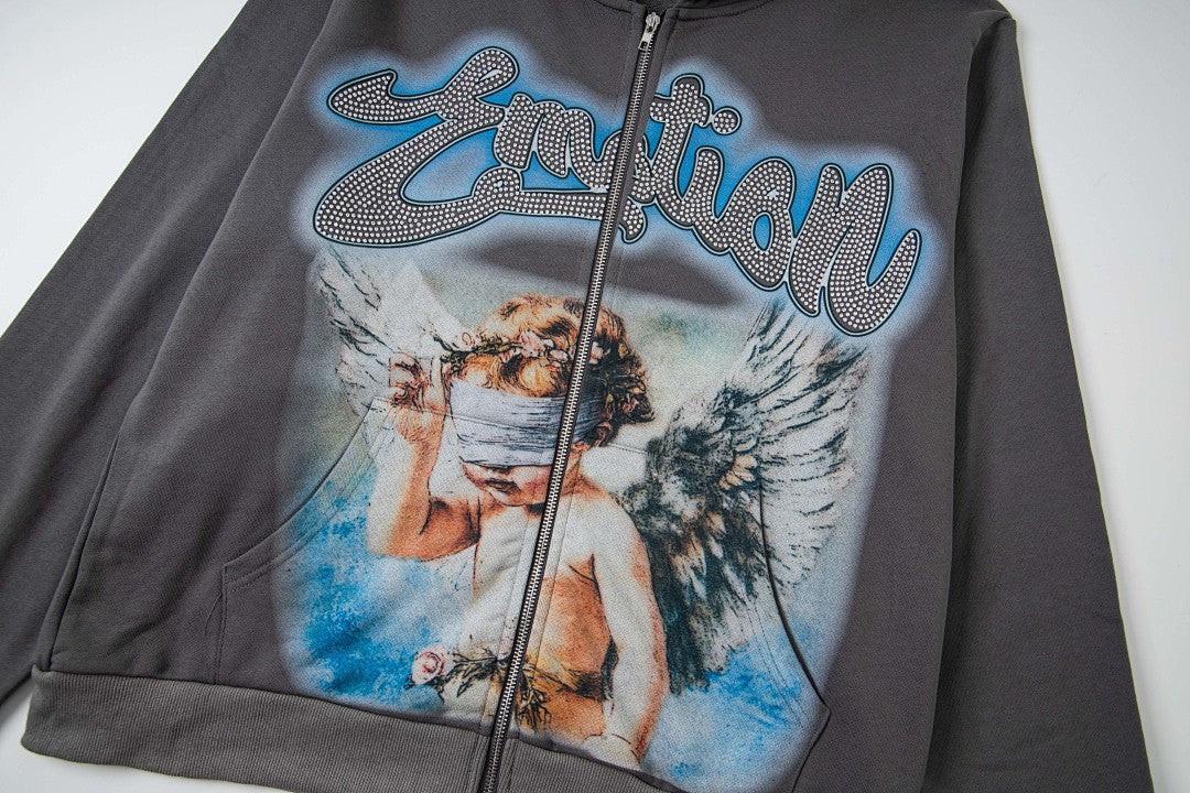 Retro Angel Art Print Full‑Zip Hoodie Washed Gray Loose Hip‑Hop Street Hooded Top