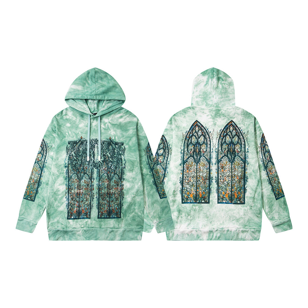 Vintage Green Tie‑Dye Stained‑Glass Church Window Zip‑Up Hoodie