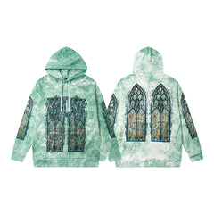 Vintage Green Tie‑Dye Stained‑Glass Church Window Zip‑Up Hoodie