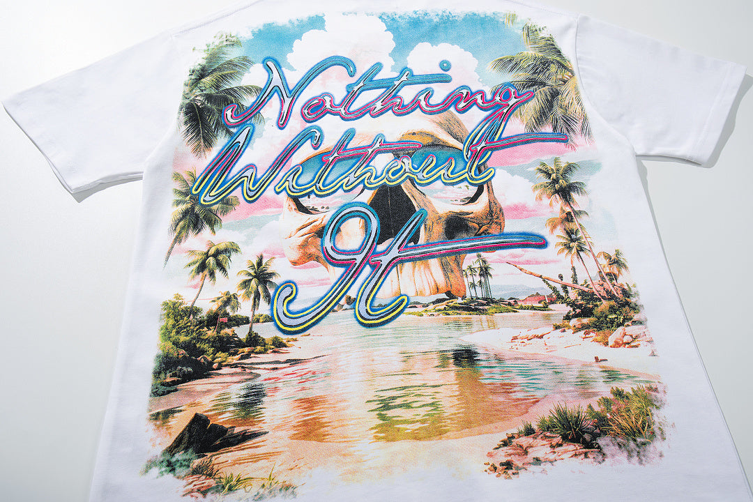 Vintage White Tropical Paradise Skull Graphic T‑Shirt
