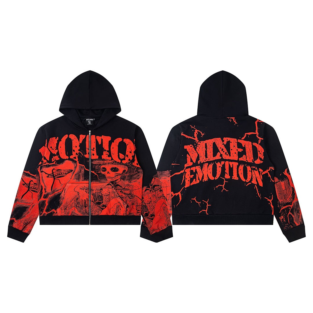 Black Vintage Red Gothic Graphic Zip‑Up Oversized Hoodie Gothic Streetwear Sweatshirt