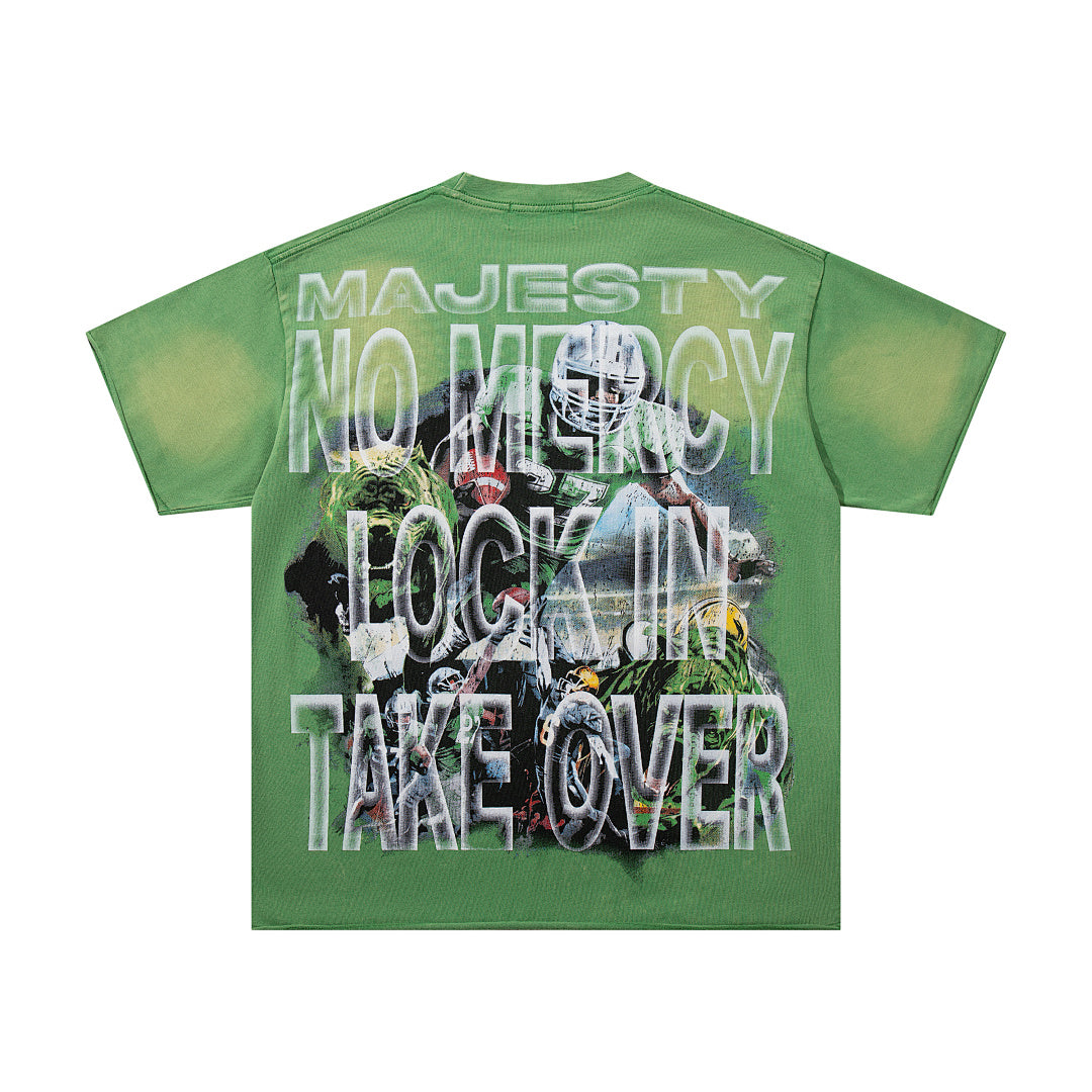 Green Washed Vintage Football Athlete Double‑Sided Graphic Band‑Style T‑Shirt
