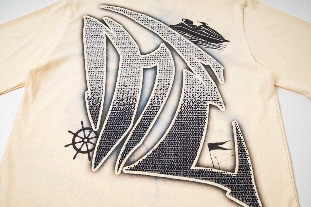 Washed Cream Vintage Sailboat Graphic Oversized Crew Neck Street T‑Shirt