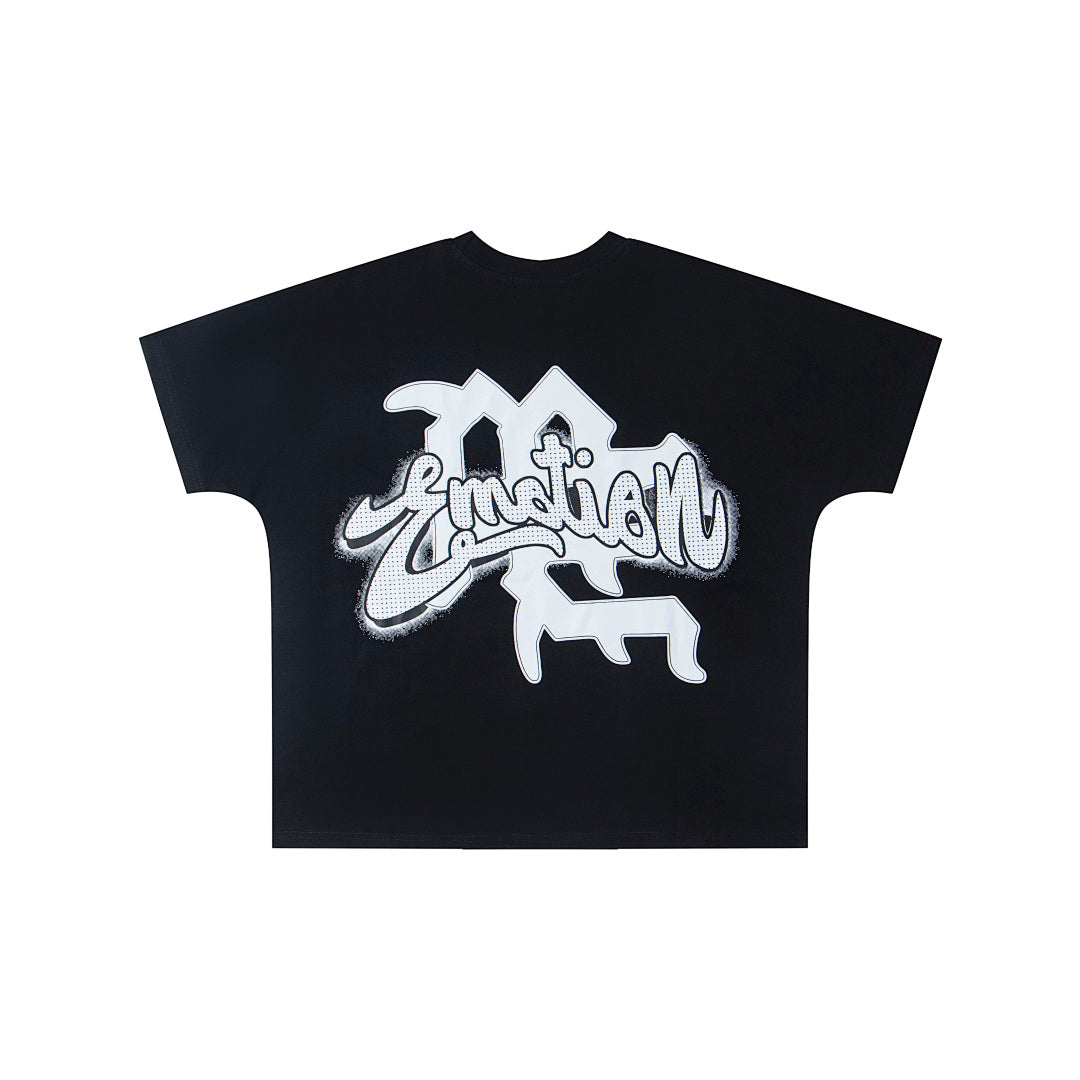 Black Vintage Cursive Script Figure Graphic Oversized Crew‑Neck Street T‑Shirt