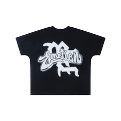 Black Vintage Cursive Script Figure Graphic Oversized Crew‑Neck Street T‑Shirt