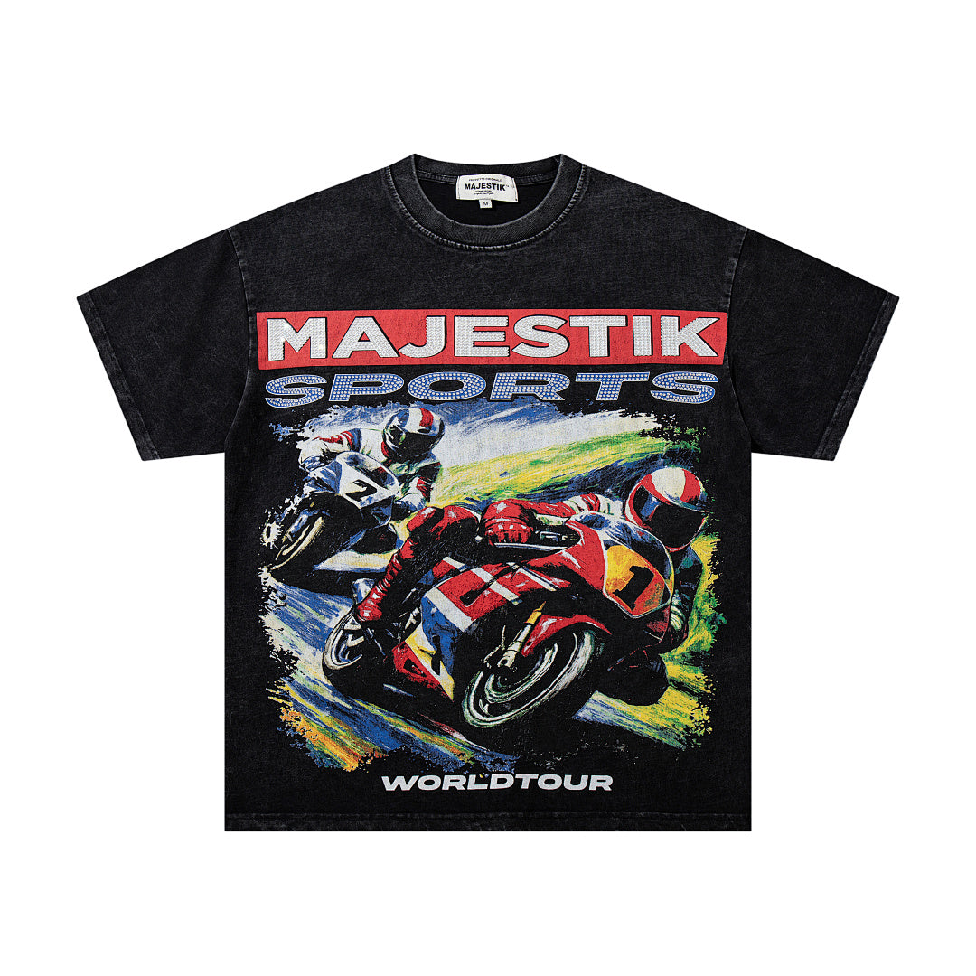 Black Washed Vintage Motorcycle Racing Graphic Band‑Style T‑Shirt