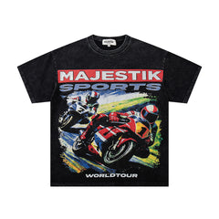 Black Washed Vintage Motorcycle Racing Graphic Band‑Style T‑Shirt