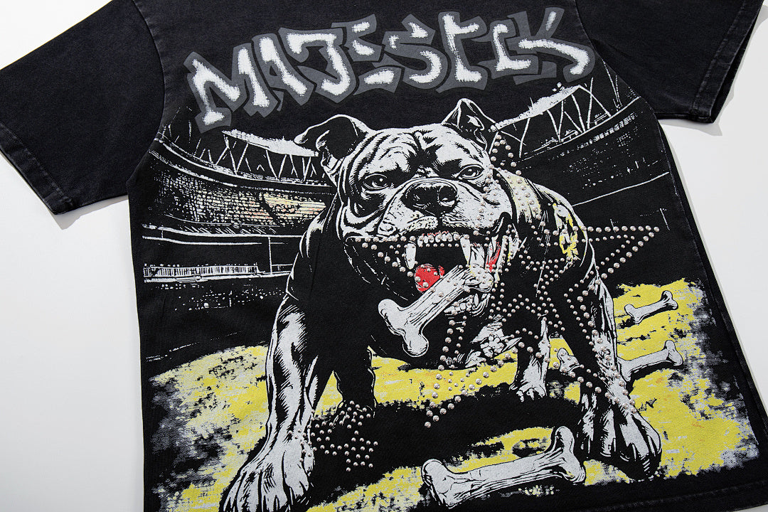 Black Washed Vintage Roaring Tiger Double‑Sided Graphic Band‑Style T‑Shirt