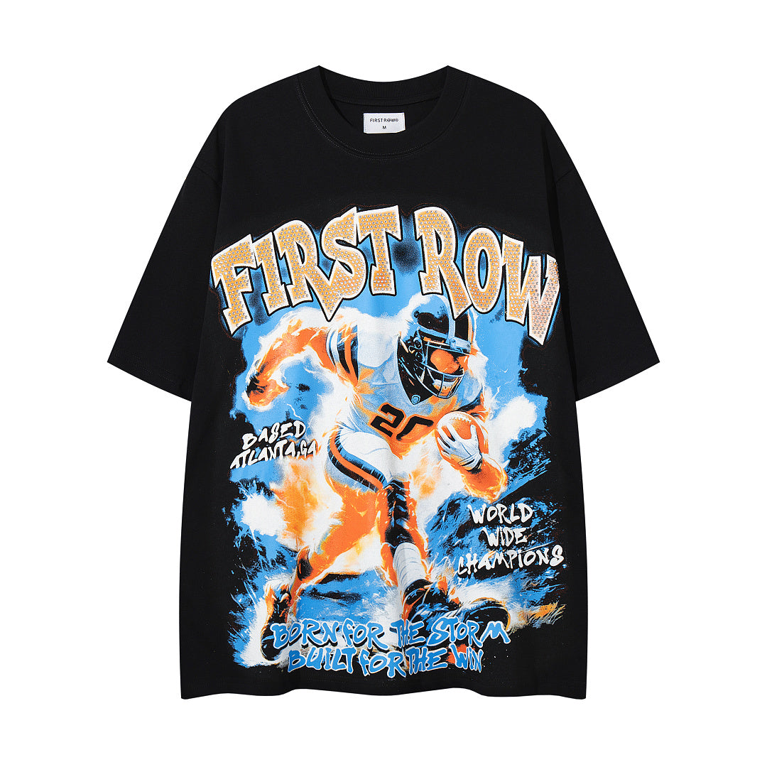Vintage Black FIRST ROW Football Player Double‑Sided Graphic T‑Shirt