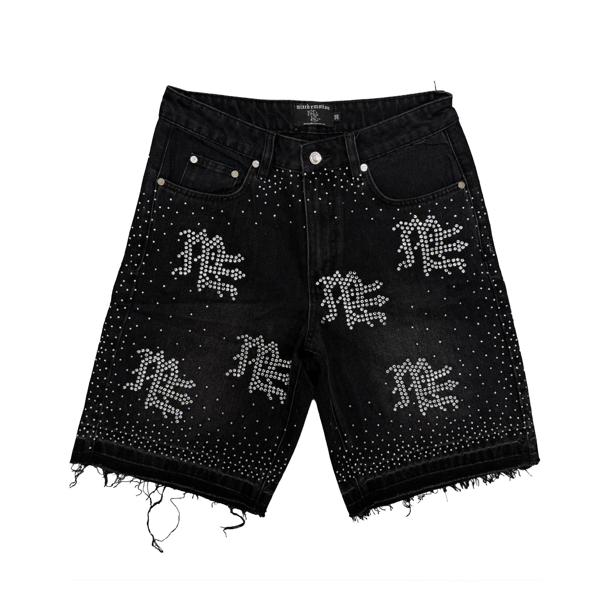 Sparkly Rhinestone Letter Print Denim Shorts Black Frayed Hem Loose Fit Street‑wear Shorts
