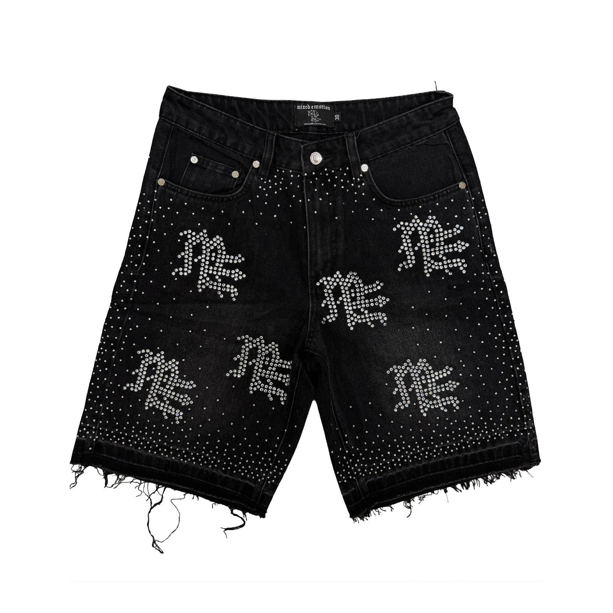 Sparkly Rhinestone Letter Print Denim Shorts Black Frayed Hem Loose Fit Street‑wear Shorts