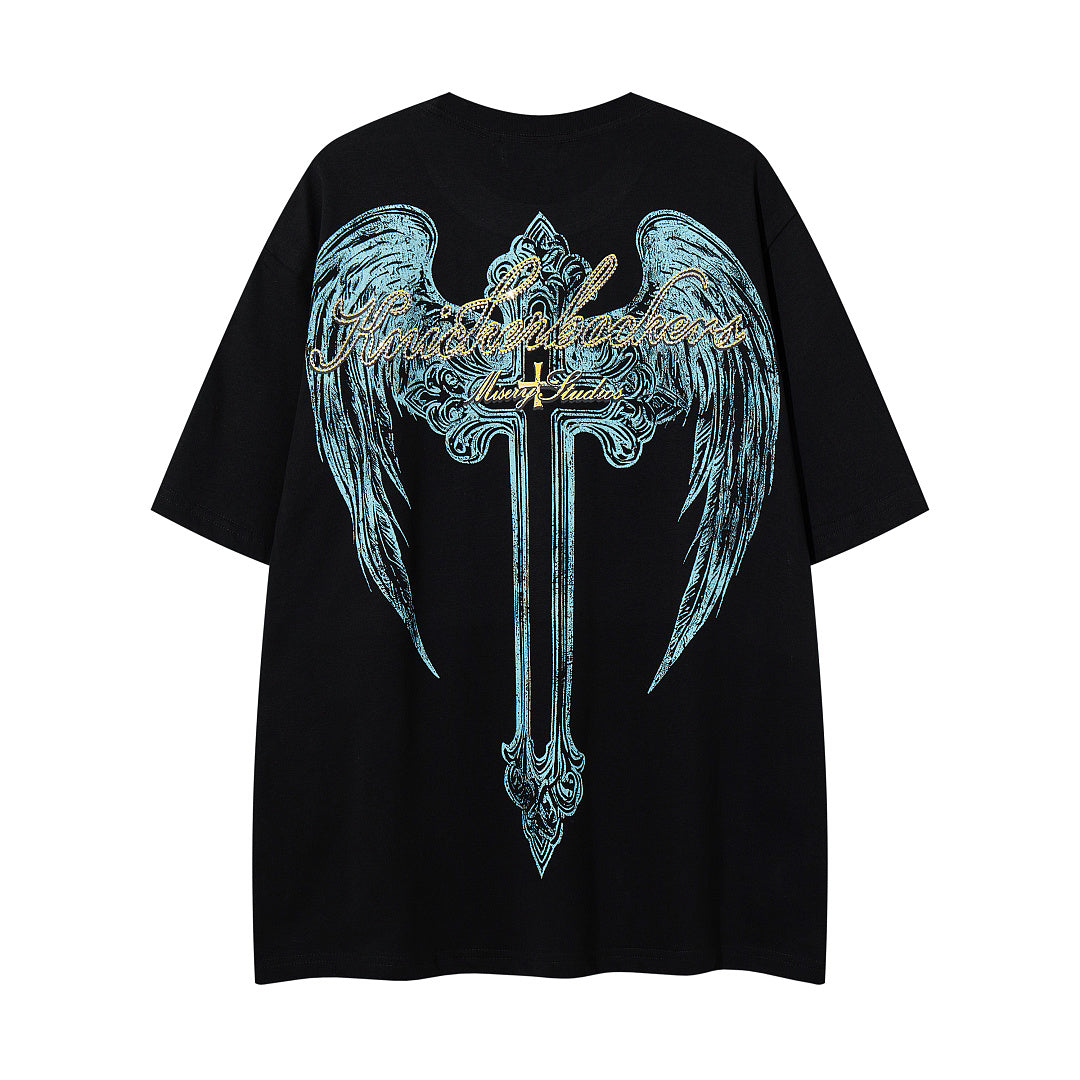 Vintage Black Alien Skull Angel Sword Double‑Sided Graphic T‑Shirt