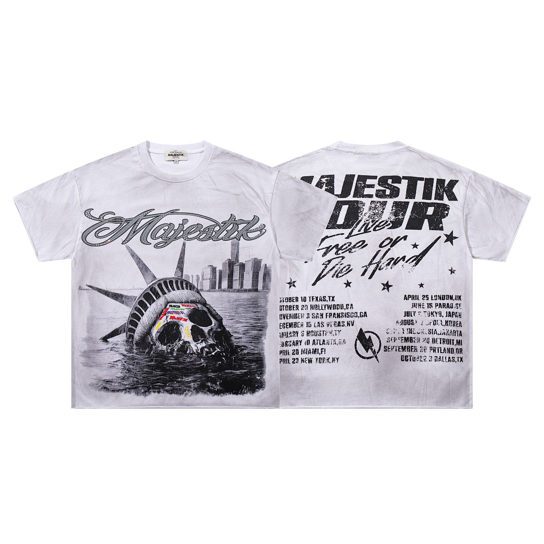 Off‑White Washed Vintage Statue Of Liberty Tour Poster Double‑Sided Band‑Style T‑Shirt