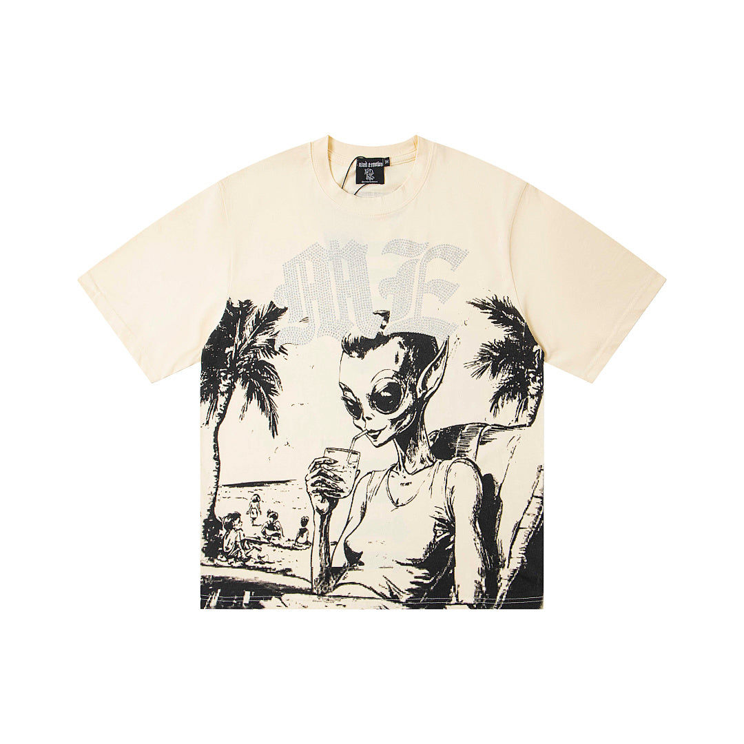 Cream Vintage Alien Beach Scene Graphic Oversized Crew‑Neck Street T‑Shirt