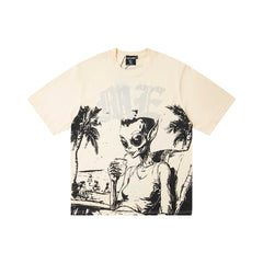 Cream Vintage Alien Beach Scene Graphic Oversized Crew‑Neck Street T‑Shirt