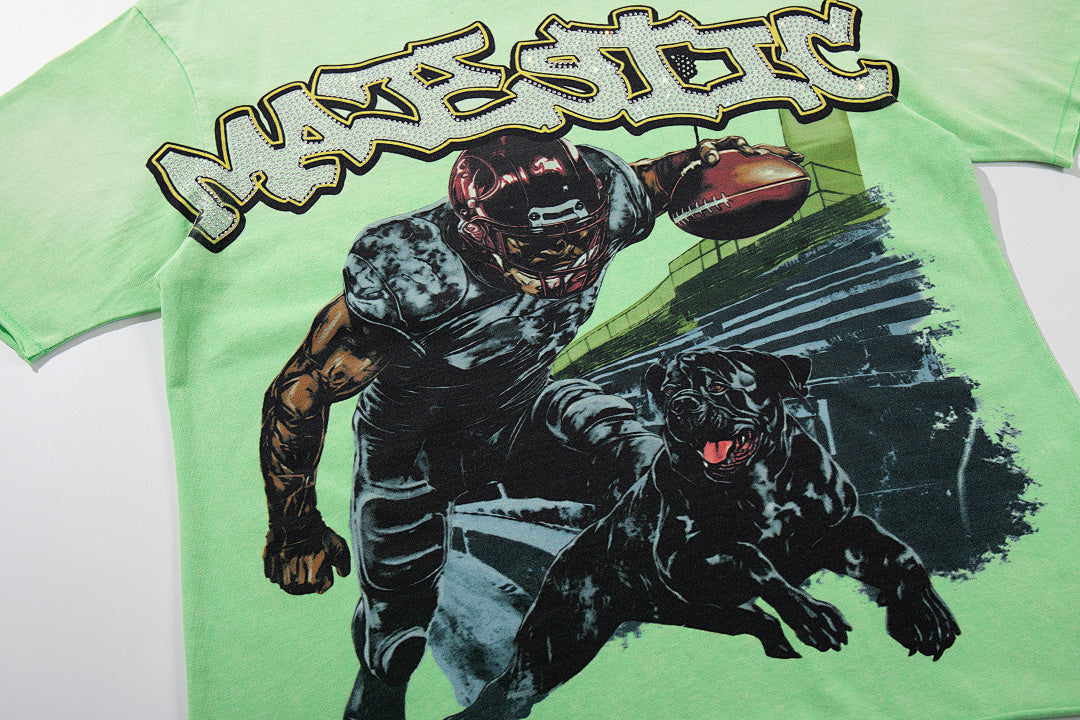 Light Green Washed Vintage Football Player Double‑Sided Graphic Band‑Style T‑Shirt