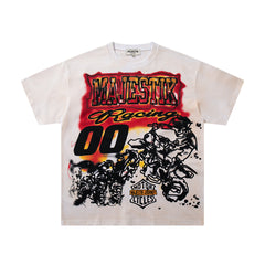 Vintage White Racing "00" Flame Graphic T‑Shirt