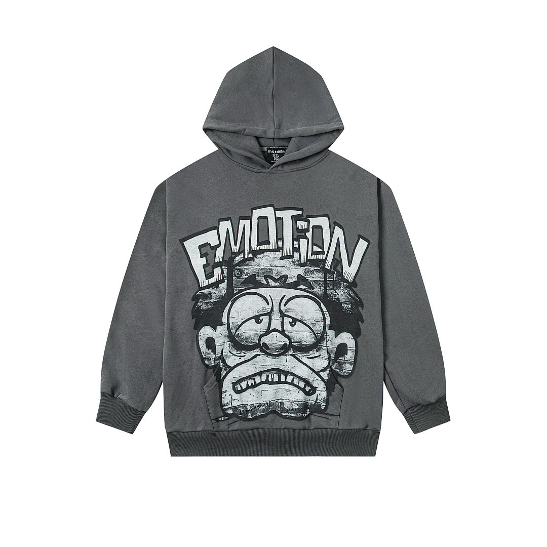 Vintage Cartoon Face Graphic Hoodie Charcoal Grey Oversized Streetwear Pullover Sweatshirt