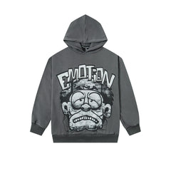 Vintage Cartoon Face Graphic Hoodie Charcoal Grey Oversized Streetwear Pullover Sweatshirt