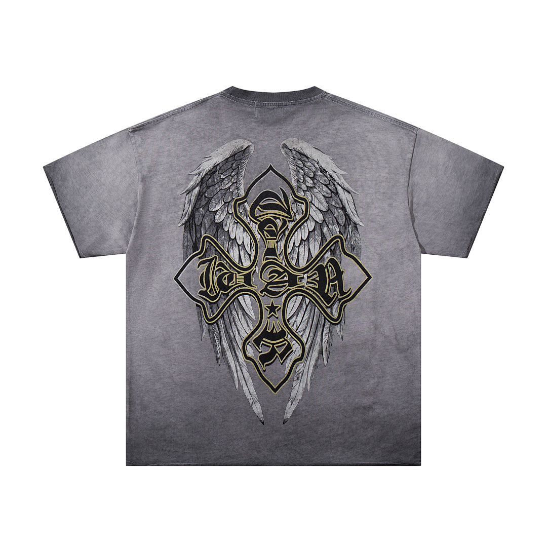 Grey Black Washed Vintage Portrait Totem Double‑Sided Graphic Band‑Style T‑Shirt
